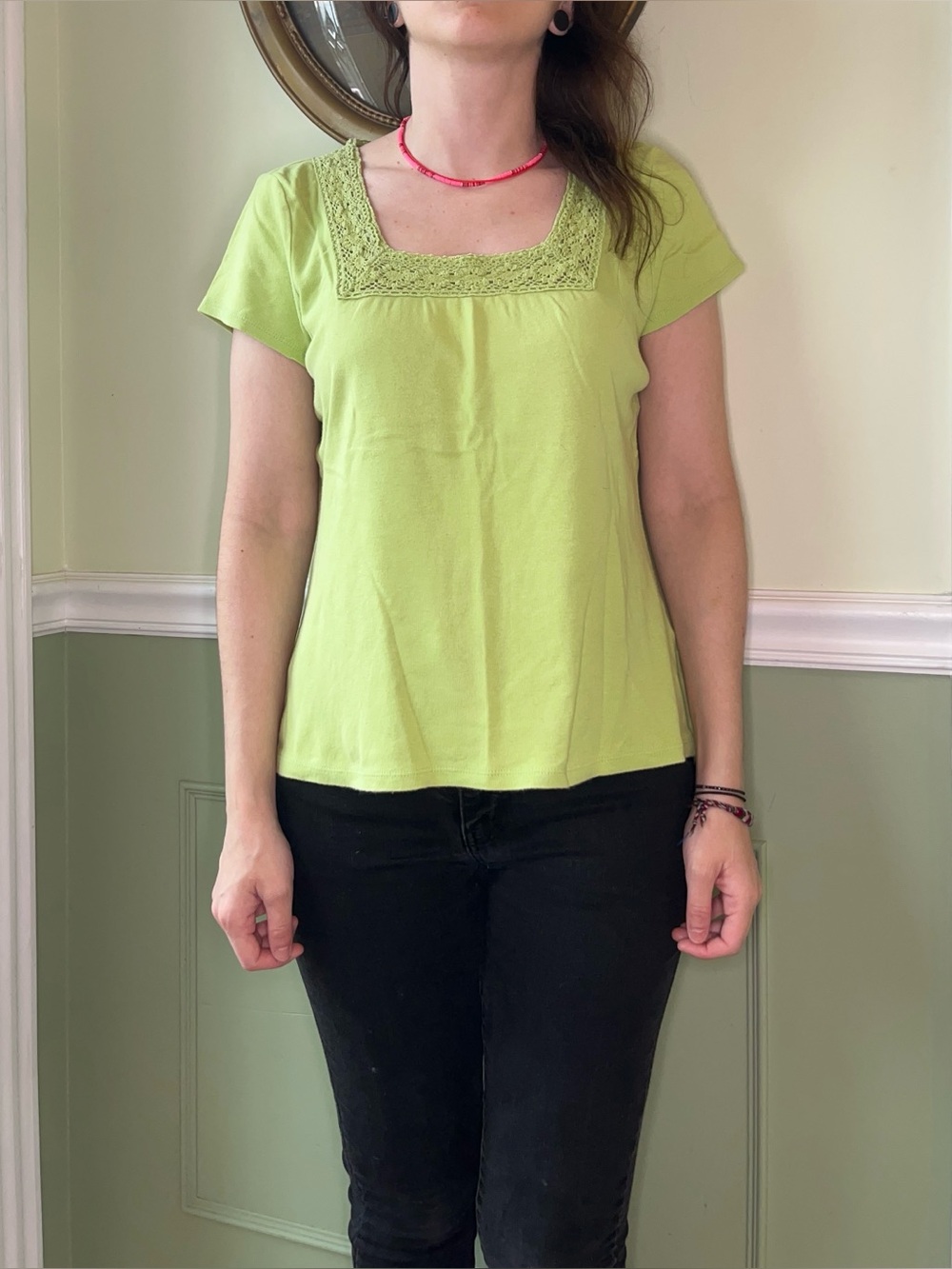 Dress Barn Y2K green crochet square neck top